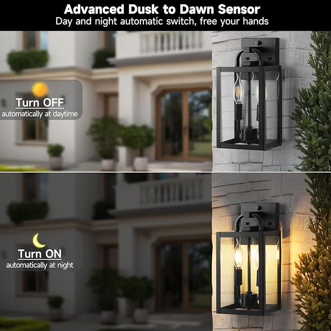 Dusk to Dawn Outdoor Wall Light Fixtures 2 Pack Front Porch Lights with E12 Sockets Exterior Waterproof Outdoor Lighting Anti-Rust Outside Lights for House Garage Patio