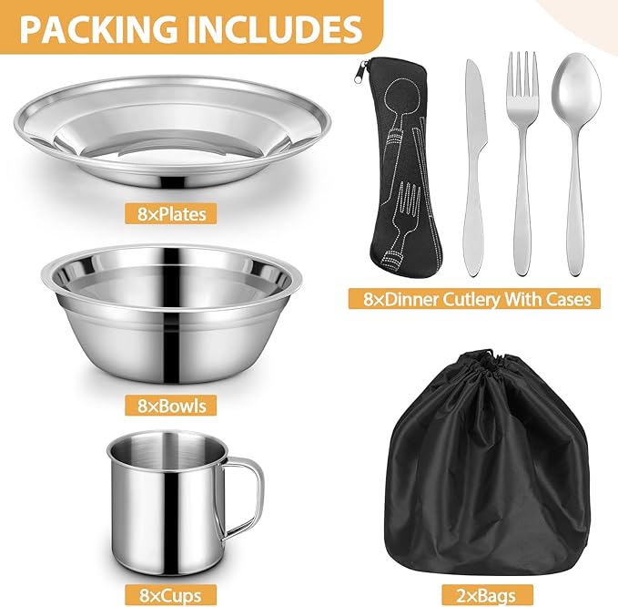 58 Pcs Camping Plates Cups and Bowls Set Stainless Steel Dishes Mess Kit Utensils Tableware with Spoons Forks Knives Storage Bags for 8 Person Outdoor Camping Backpacking Hiking Travel Picnic