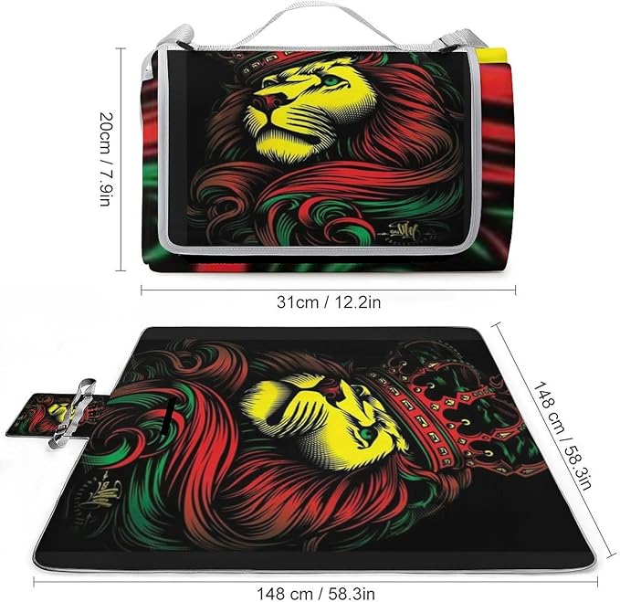 Jamaican Lion of Judah Rasta Lion King Waterproof Outdoor Picnic Blanket Sandproof Beach Mat for Camping Hiking Grass Travelling