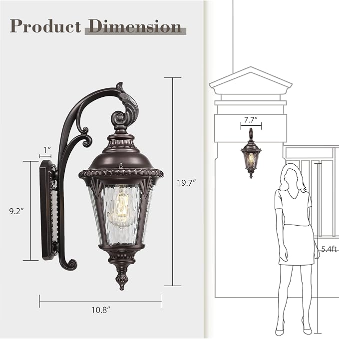 Emliviar 19.7 Outside Wall Sconce Porch Light with Oil Rubbed Bronze Finish Water Ripple Glass Front Door Wall Lighting for Yard XE265B-S ORB-SW