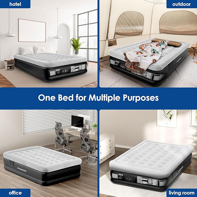 MoKo Air Mattress Queen with Built in Pump 18'' Luxury Inflatable Mattress 3 Min Fast Blow up Mattress Comfort Top - Velvety Air Bed for Home Camping Travel Guests Black/Gray