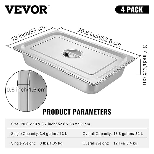 VEVOR 4 Pack Stainless Steel Hotel PansFull Size 4 Inch Deep 0.8mm Thick Anti Jam Commercial Food Pans with lidCatering Food Storage Metal Pan for Steam Tables Restaurants20.8 x 13 x 4 inch.