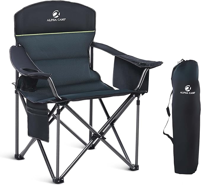 GREEN PARTY Folding Camping Chair Oversized Heavy Duty Lawn Chair with Cooler Bag Cup Holder Storage Pocket Collapsible Padded Outdoor Arm Chair Quad Lumbar