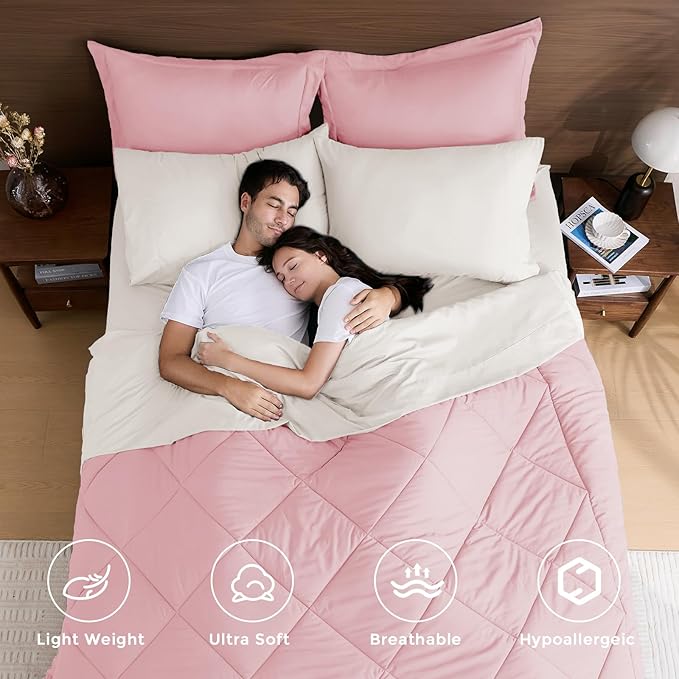 HEVUMYI Queen Comforter Set - 7-Piece All Season Bed in a Bag Queen Ultra Soft Bedding Set with Comforter Flat Sheet Fitted Sheet Pillowcases Pillow Shams Pink &amp Ivory