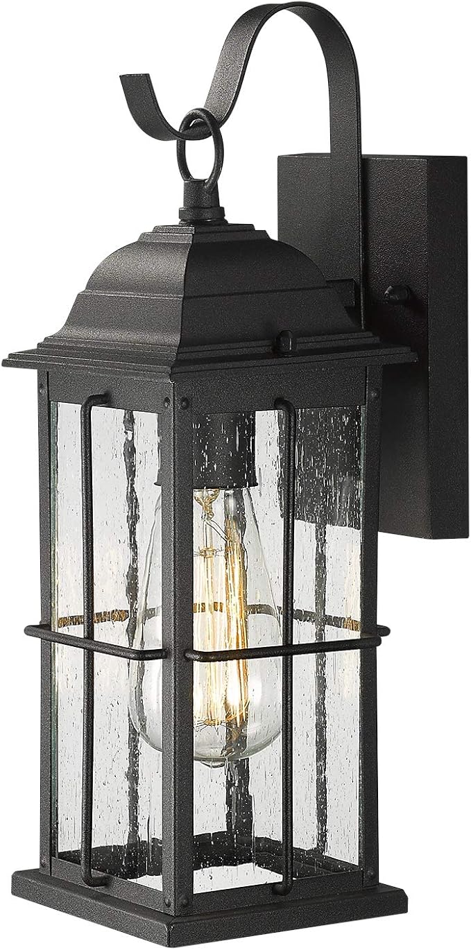 zeyu 1-Light Outdoor Wall Sconce Lantern 14 inch Exterior Light Fixtures Wall Mount in Black Finish with Seeded Glass Shade 20071B1