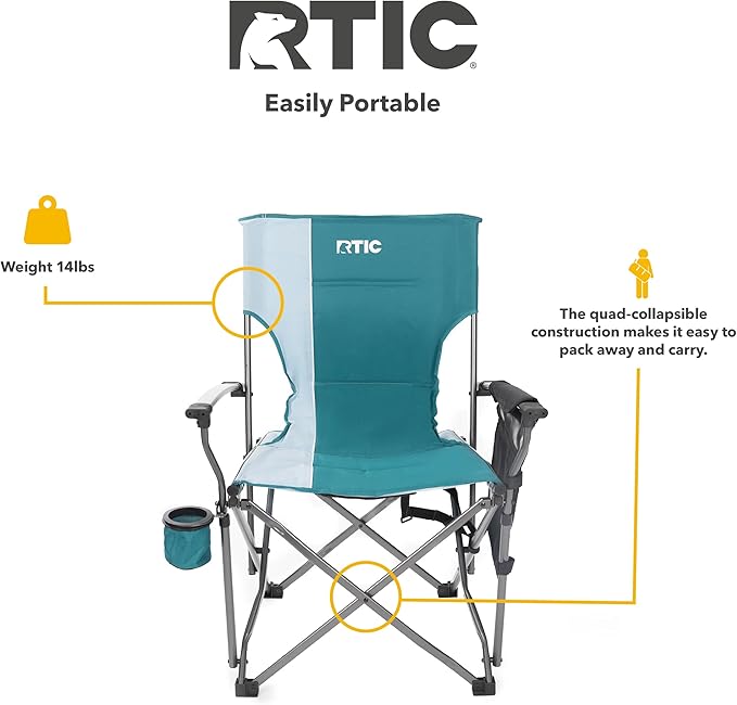 RTIC Ultra-Tough Chair Portable Folding for Camping Outdoor Fishing Beach with Arm Rest and Cup Holder Folds Quickly for Easy Storage in a Carry Bag Deep Harbor