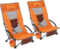ARROWHEAD OUTDOOR 2-Pack Low Seating + 20° Reclining Folding Beach Chair w/Padded Headrest Foam Armrest Cup Holder Carry Bag 300 LBS Weight Capacity