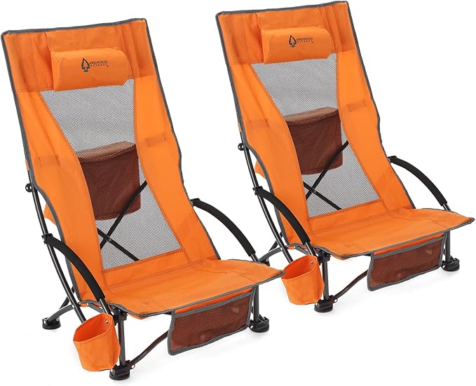 ARROWHEAD OUTDOOR 2-Pack Low Seating + 20° Reclining Folding Beach Chair w/Padded Headrest Foam Armrest Cup Holder Carry Bag 300 LBS Weight Capacity