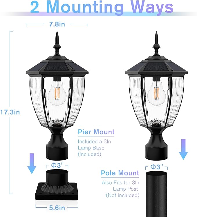 Solar Post Lights with Pier Mount Base 17.3'' H 2700K Solar Lamp Post Light Waterproof Dusk to Dawn Pole Lights Outdoor for Garden Patio Yard Pathway Gate Remote Control Black(Warm White)