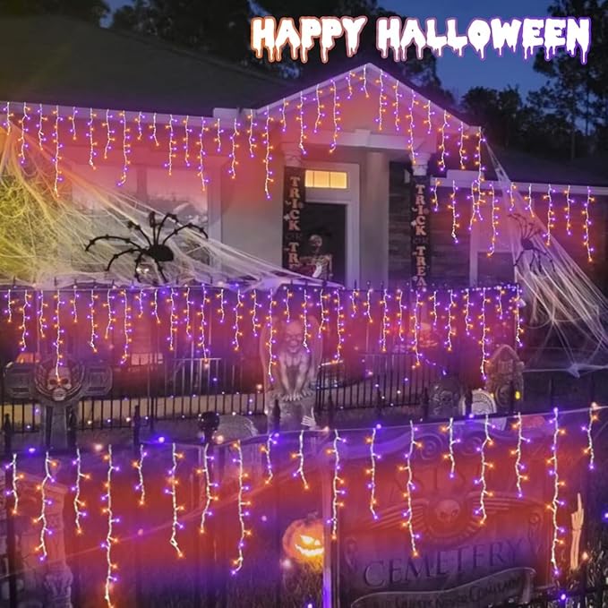 QITONG Orange and Purple Icicle Lights for Outside 33ft 400 LED String Light Indoor Plug in 8 Modes Connectable Halloween Icicle Lights Clear Wire