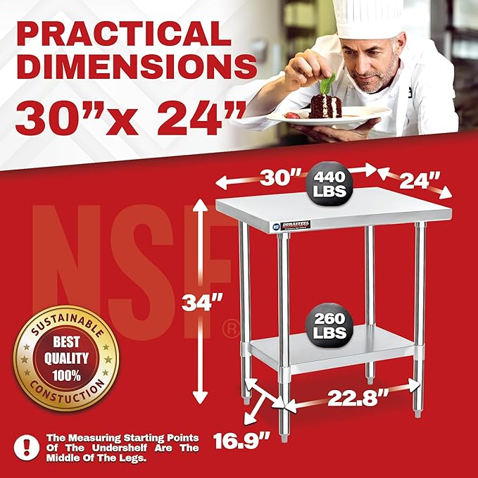 DuraSteel 30x24 Small Stainless Kitchen Island - NSF Outdoor Grill Work Station with Under Shelf - Metal Microwave Stand - For Laundry Room Kitchen Garage Restaurant