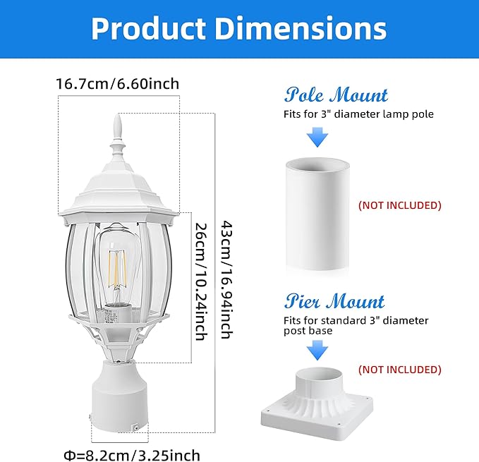 2 Pack White Outdoor Lamp Post for Patio Pathway 17inch White Outdoor Post Light Fixture for House Pier Mount Outside Lighting Exterior Pole Lamp 17” Coach Light