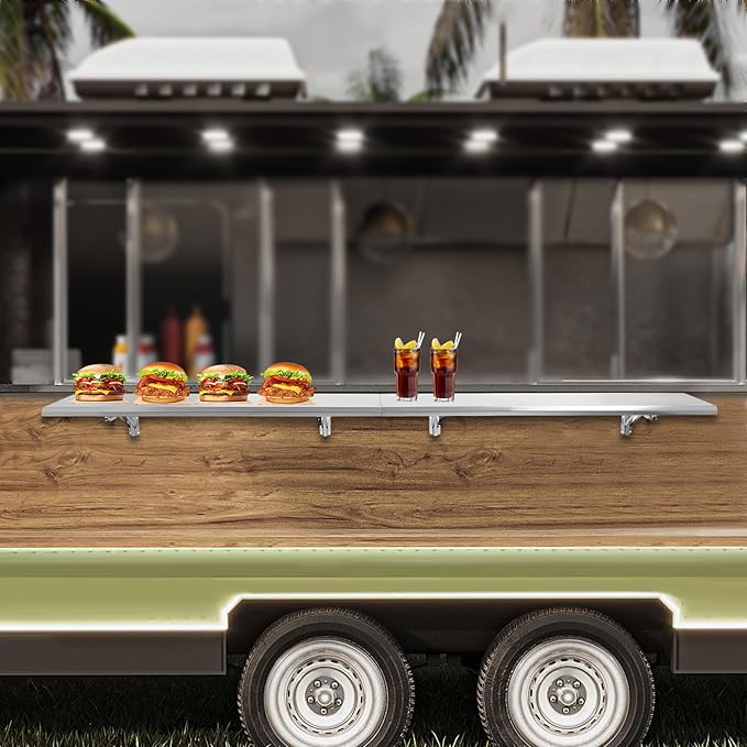 96 L x 12 W Folding Concession Shelf Wall Mount Folding Shelf Stainless Steel Folding Concession Shelf Drop Down Serving Window Concession Food Serving Shelf for Food Truck Food Trailer