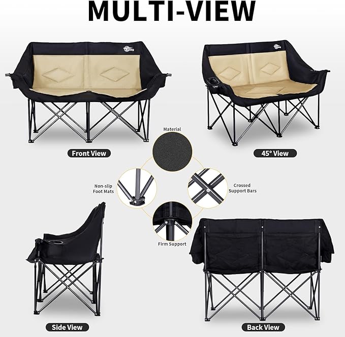 Double Camping Chair Loveseat Camping Chair Double Folding Chair Camp Chairs for Adults Heavy Duty Two Person Camp Chair Padded Camping Couch 2 Person Lawn Chairs - Support 650 lbs - Khaki
