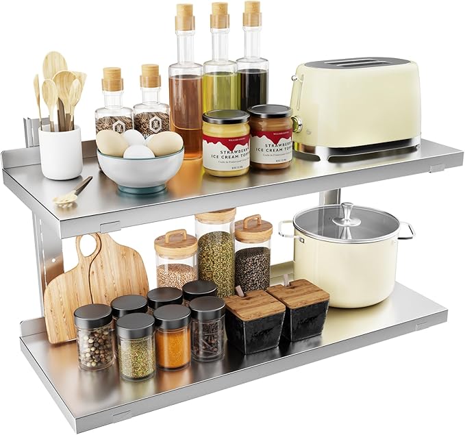 Stainless Steel Shelf 31.5 x 12.6 Commercial Floating Wall Shelf with Brackets 110Lbs Capacity Adjustable Double-Layer Metal Heavy Duty Storage Rack for Restaurant Kitchen Bar Home Hotel