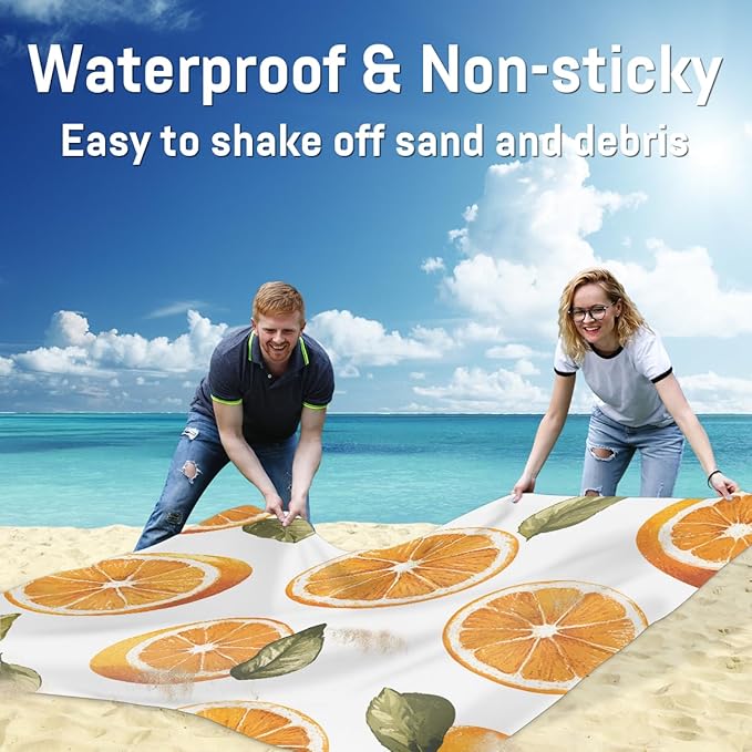Waterproof Sandproof Beach Blanket 59''×68'' Navel Orange Polyester Outdoor Picnic Blanket with 4 Stakes &amp Storage Bag for BeachCampingVacation White