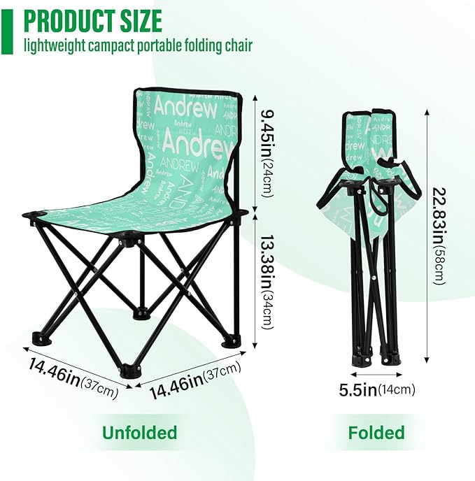 Sinestour Teal Custom Folding Camping Chair for Teen Child Personalized Name 14.6×14.6in Portable Outdoor Chair with Carry Bag for Travel Hiking Lawn