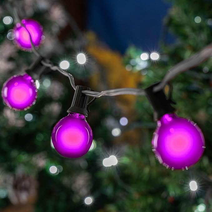 25 Foot G50 Outdoor Patio String Lights with 25 Purple Globe Bulbs – Indoor Outdoor String Lights – Market Bistro Café Hanging String Lights – C9/E17 Base - Black Wire