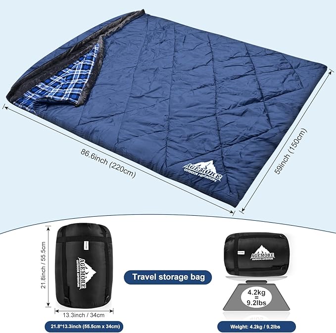AGEMORE Cotton Flannel Double Sleeping Bag with Fleece Lined Hood Waterproof Queen Size 2 Person Sleeping Bag for Adults Cold Weather Camping Backpacking or Hiking 3-4season