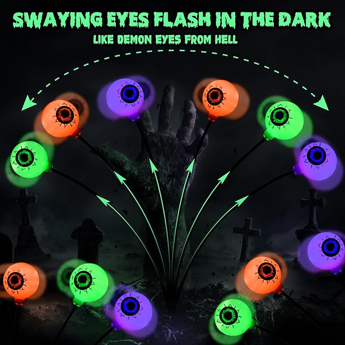 BrizLabs 6 Pack 36 LED Halloween Solar Eyeball Lights 2 Modes Outdoor Halloween Pathway Lights Solar Spooky Path Light Waterproof Swaying Firefly Light for Yard Garden Lawn Orange &amp Purple &am