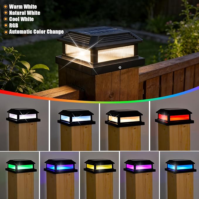 Solar Post Cap Lights Outdoor RGBW Fence Post Solar Lights with Remote Control Dusk to Dawn Waterproof Deck Posts Light fit 3.5x3.5-5x5 Posts for Deck Patio Garden Decoration (6 Pack Black)
