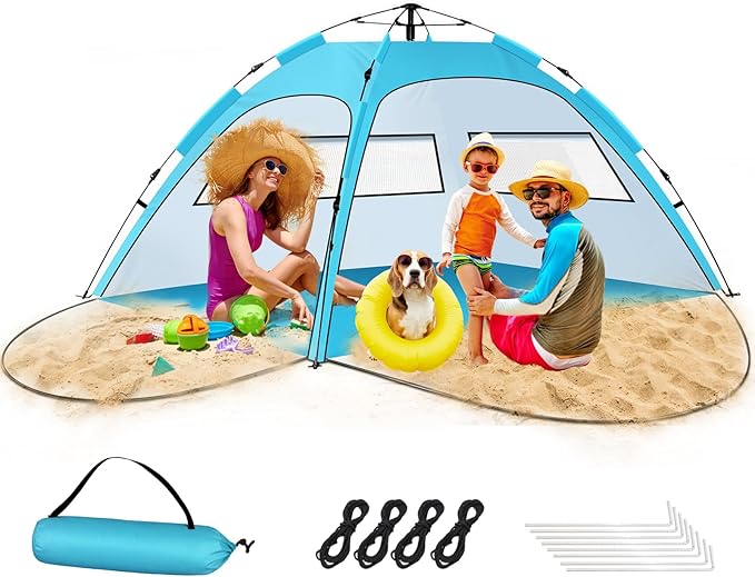 Beach Tent Sun Shade for 4-5 Person Two Doors Large Pop Up Beach Tents for Adults and Kids Portable Automatic Instant Sun Shelter Canopy Tent UV 50+ Ideal for Garden Fishing Picnic