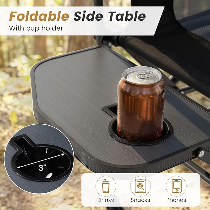 COSTWAY Folding Camping Chair with Side Table Portable Directors Chair with Cup Holder &amp Carry Bag Outdoor Heavy Duty Padded Lawn Chair for Fishing Picnic Sports Beach Support 500 LBS (Gray)