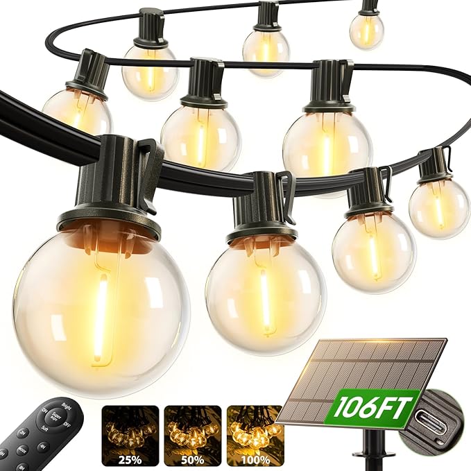 addlon 100FT Solar String Lights Outdoor with Remote 54 LED Shatterproof Bulbs Dimmable &amp Timable 3 Light Modes G40 Waterproof Solar String Lights for Outside Backyard Party Decor