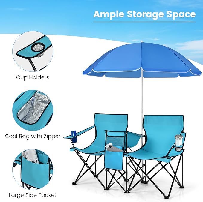 Tangkula Double Camping Chairs with Umbrella Portable 2 Seat Folding Camp Chair with Cooler Bag Beverage Holder Carrying Bag Foldable Lawn Chair for Outside Fishing Picnic Beach