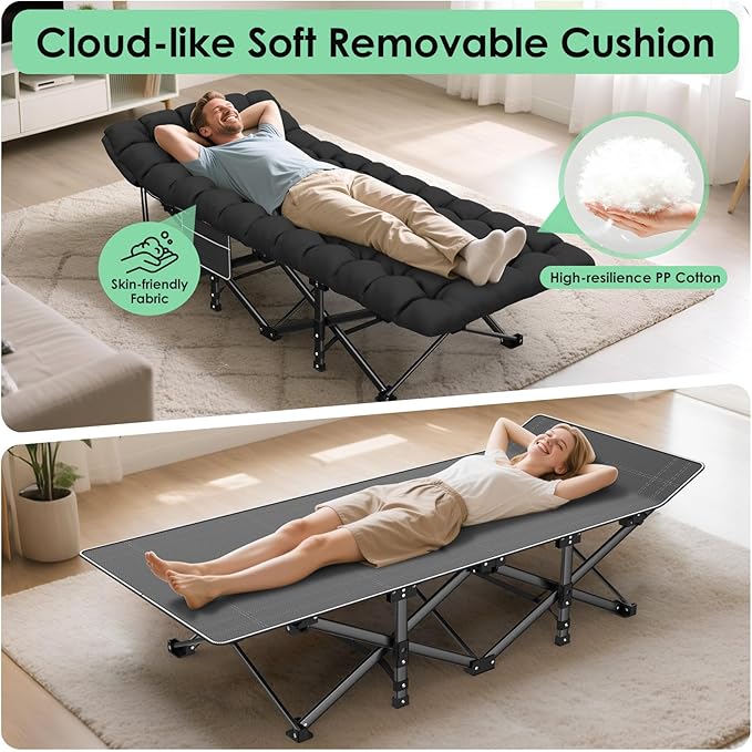 Suteck Camping Cot Folding Camping Cot Bed for Adults Sleeping 1200D Double Layer Oxford Portable Folding Outdoor Cots for Camping W/Soft Pad Carry Bag for Home Office Nap Beach Travel