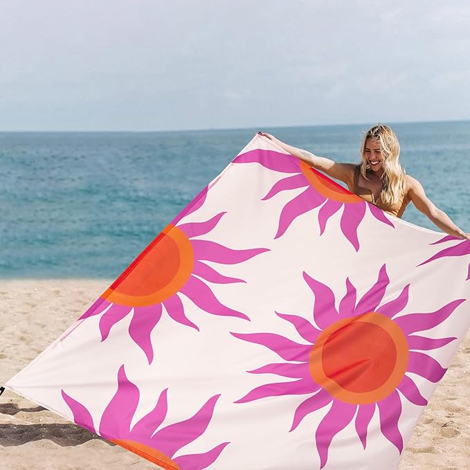 Large Beach Blanket Waterproof Sandproof 9×10 FT Beach Mat Sand Free for 2-8 Adults with Stakes and Sand Pocket Foldable Picnic Blankets for Outdoor Camping Hiking Vacation Essentials-Boho Sunset