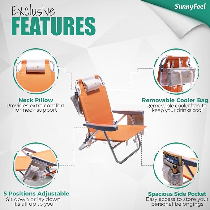 SUNNYFEEL Low Beach Chair 5 Position Lay Flat Portable Folding Backpack Beach Chairs Heavy Duty with Cooler Bag Cup Holder for Outdoor/Lawn/Trip/Picnic/Fishing Foldable Camping Chair