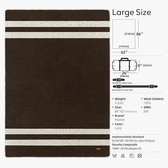 100% Wool Blanket 62 x 86 Warm Thick Washable Military Wool Blanket Great for Camping Outdoors Sporting Events Survival Kits