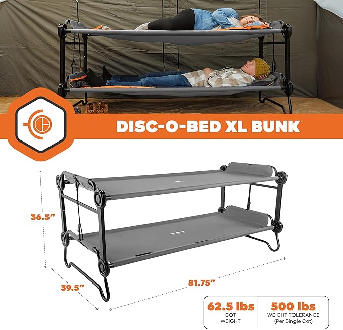 Disc-O-Bed XL Outdoor Modular 2 Person Double Camping Cot Portable Bed with 2 Height Options for Adults Sleep Solution for Tents Grey