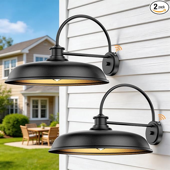 16 inch Dusk to Dawn Outdoor Gooseneck Barn Light Large Rustic Porch Wall Light Fixture Black Industrial Outside Wall Sconces Waterproof Exterior Backyard Lights for Garage Yard Hardwired