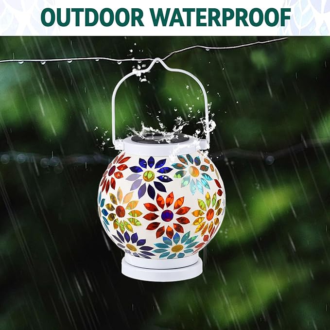 VOREEN Mosaic Solar Lanterns Handmade Outdoor Glass Hanging Lights Waterproof Solar Table Lamps Gift for Mom Wife Friend Decoration for Garden Patio Yard Party Balcony Floral Pattern