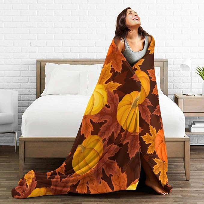 60X50 Fall Pumpkin Lightweight Flannel Blanket - Soft and Breathable Polyester Suitable for Travel Camping and Home Decoration