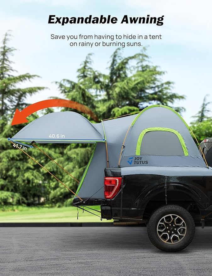 JOYTUTUS Pickup Truck Tent 5.0ft Bed Tent with Removable Awning Waterproof PU2000mm Double Layer for 2 Person Portable Truck Bed Tent - Green Aluminum Pole