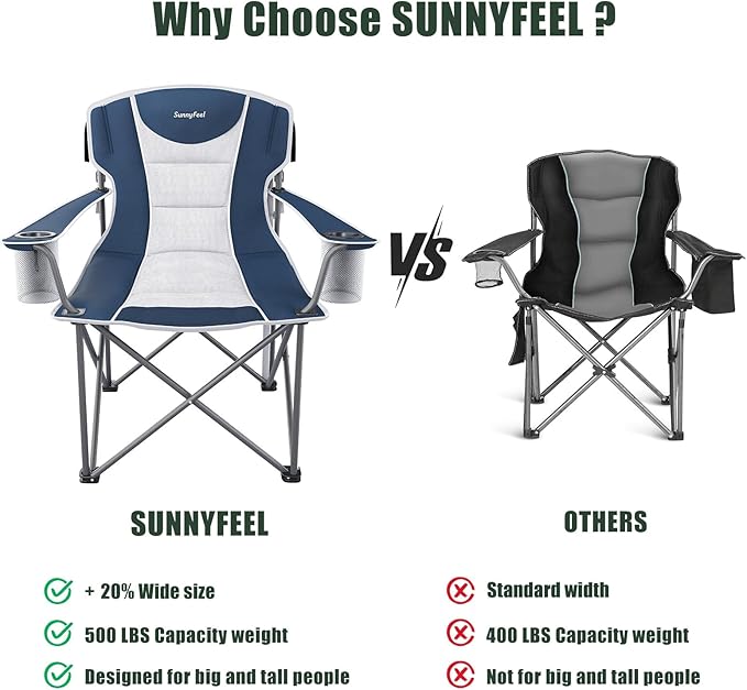 SUNNYFEEL Oversized Camping Chair for Big &amp Tall Adults Heavy Duty Folding Camp Chair Supports 500 lbs Padded High Back Lawn Chair with Cup Holder Portable Outdoor Chair for Camping Fishing &am