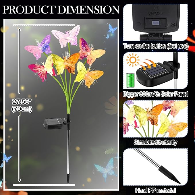 4 Pack Solar Butterfly Lights Outdoor Garden 6 Head Solar Swaying Pathway Stake Lights Waterproof for Yard Lawn Patio Walkway Landscape Decor