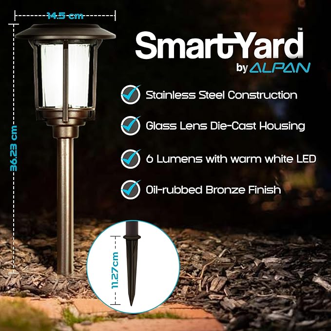 Solar Pathway Lights – Pack of 6 6 Lumens Warm White LED Bronze Finish Durable Die-Cast Aluminum &amp Stainless Steel with Glass Lens Outdoor Garden Lighting LED Solar Pathway Lights