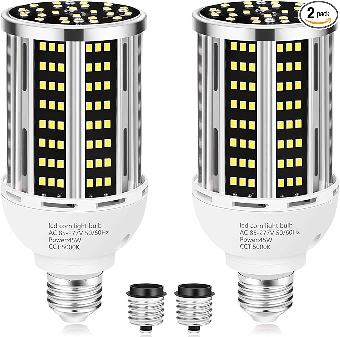 45W LED Corn Light Bulb 2 pack400W Equivalent 5000K Commercial Grade Daylight E26/E39 6000LM Medium Mogul Base LED LampLarge Area Lights For Outdoor Indoor Garage Warehouse street Factory Bay Light