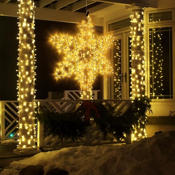 DBFAIRY 27 Christmas Big Snowflake Hanging Lights Outdoor Christmas Lights Plug in Window Snowflake Sculpture Light with Long 16.8ft Leading Cable for New Year Wall Window Porch Decor