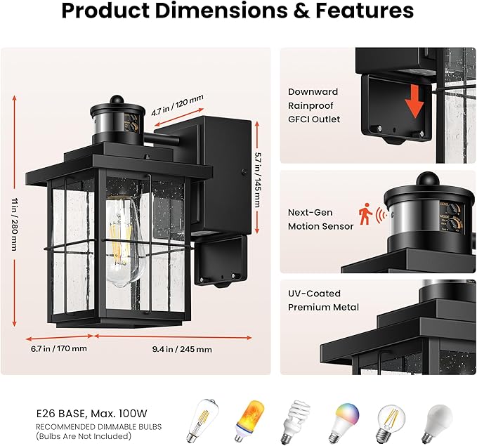 Gleamz Motion Sensor Outdoor Wall Light Black Porch Light with GFCI Outlet Waterproof Outdoor Light Fixture with Outlet Front Door Light with Seeded Glass Exterior Wall Lantern for Garage Patio
