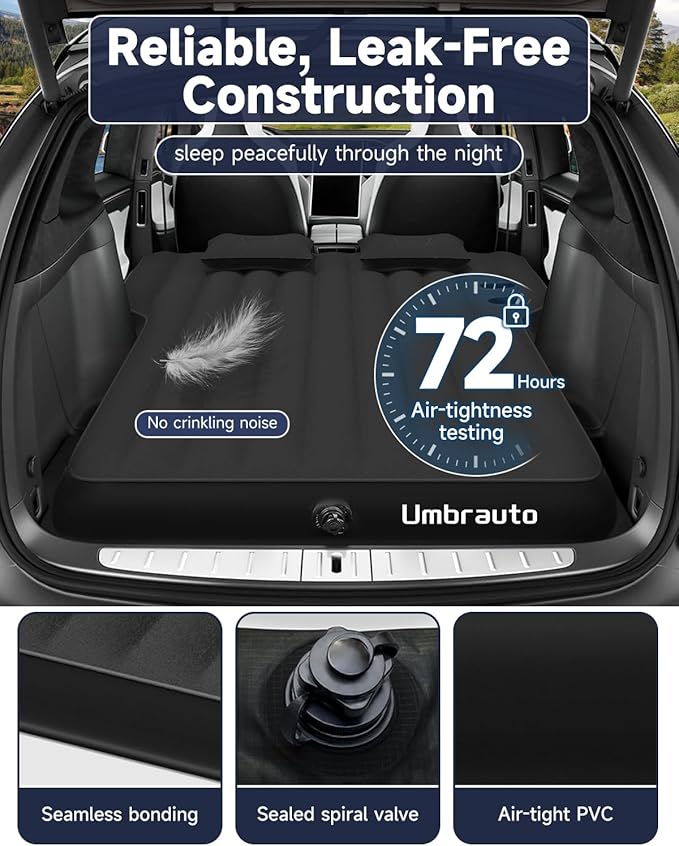 Umbrauto Custom Fit Air Mattress for Tesla Model Y/Juniper 2026 Upgraded Inflatable Camping Bed for Back Trunk Soft Flocking Surface+Reinforced Bottom Sleeping Pad w/Pump for Outdoor Travel