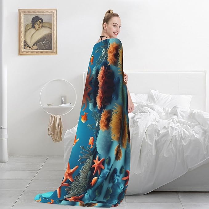 Coral Fish Underwater Blanket.Super Soft Flannel Blanket 80x60 inches 100% Polyester for Warmth Perfect for beds Sofas and Camping.