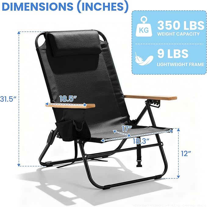 Cansky Portable Beach Chair for Adults Outdoor Lightweight Camping Chair with Wooden Desgin Armrests 5-Position Reclining Flat Lay Cup Holder Zipper Pouch Backpack Design No Towel Rack Black