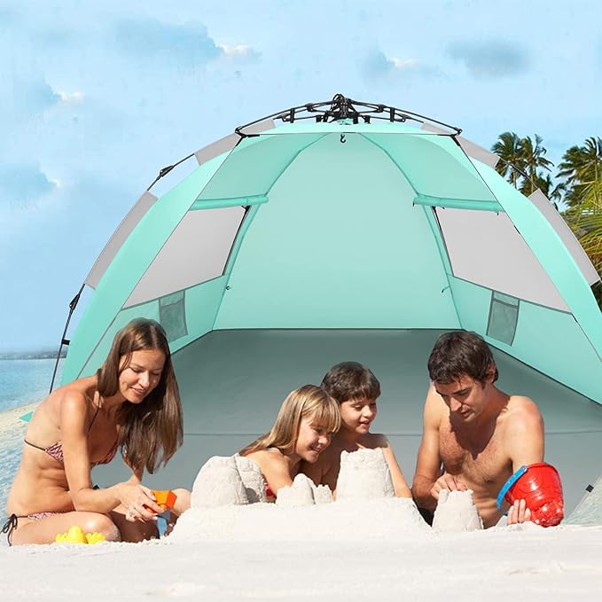 Oileus X-Large 4 Person Beach Tent Sun Shelter - Portable Sun Shade Instant Tent for Beach with Carrying Bag Stakes 6 Sand Pockets Anti UV for Fishing Hiking Camping Waterproof Light Green