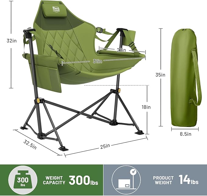 TIMBER RIDGE Hammock Camping Chair with Adjustable Backrest Heavy Duty Folding Hammock Chair Supports 300lbs Portable Hammock Chair for Camping Travelling and Patio Green