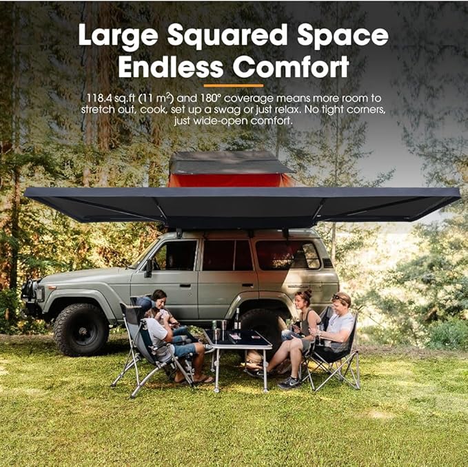 SanHima 180 Awning Free Standing Built-in LED Light - 118.4 sq.ft Shelter Karlu Frontier Car Side Waterproof UV50+ Wind Resistant Driver Passenger Side 180 Degree Vehicle Awning for SUV Van Truck